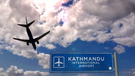 Airplane silhouette landing in Kathmandu, Nepal. City arrival with international airport direction signboard and blue sky in background. Travel, trip and transport concept 3d illustration.の写真素材