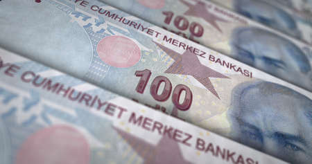 Turkish lira money 3d illustration. TRY banknote counter. Concept of finance, cash, economy crisis,...