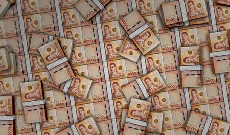 Thai Baht money pack 3d illustration. THB banknote bundle stacks. Concept of finance, cash, economy crisis, business success, recession, bank, tax and debt in Thailand.の写真素材