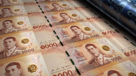 Thai Baht money pack 3d illustration. THB banknote bundle stacks. Concept of finance, cash, economy crisis, business success, recession, bank, tax and debt in Thailand.の写真素材