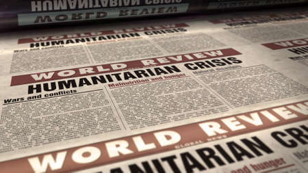 Humanitarian crisis news, famine and hunger disaster. Newspaper print. Vintage press abstract concept. Retro 3d rendering illustration.の写真素材