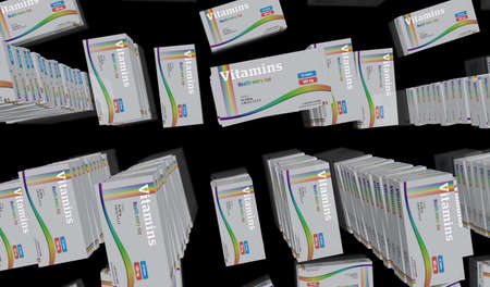 Vitamin tablets box production line. Health supplement pills pack factory. Abstract concept 3d rendering illustration.の写真素材