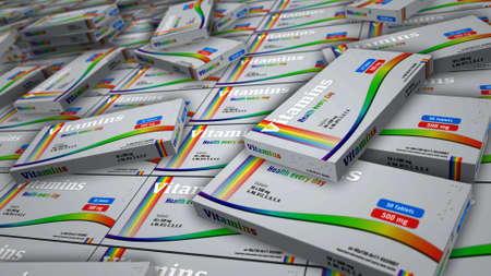 Vitamin tablets box production line. Health supplement pills pack factory. Abstract concept 3d rendering illustration.の写真素材
