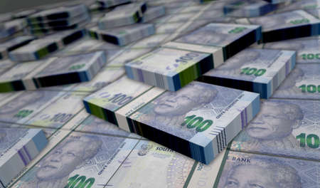 South Africa Rand money pack 3d illustration. ZAR banknote bundle stacks. Concept of finance, cash,...
