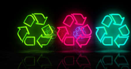 Recycling neon symbol. Ecology, waste recycle and environment light color bulbs. Abstract concept 3d illustration.の写真素材