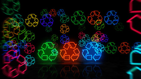 Recycling neon symbol. Ecology, waste recycle and environment light color bulbs. Abstract concept 3d illustration.の写真素材