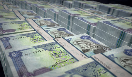 Arab Emirates Dirhams money pack 3d illustration. 500 AED Dubai banknote bundle stacks. Concept of...