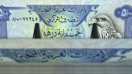 Arab Emirates Dirhams money pack 3d illustration. 500 AED Dubai banknote bundle stacks. Concept of...