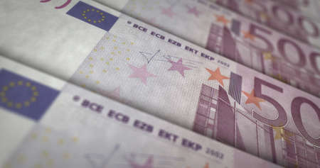 Euro money printing 3d illustration. 500 EUR banknote print. Concept of finance, cash, economy...