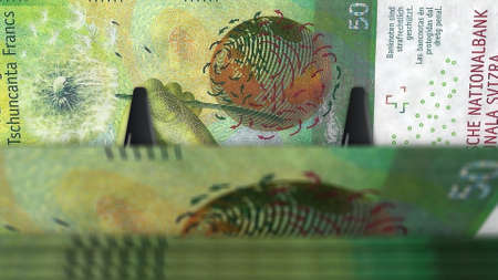 Swiss Franc money pack 3d illustration. CHF banknote bundle stacks. Concept of finance, cash, economy crisis, business success, recession, bank, tax and debt in Switzerland.の写真素材