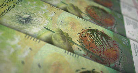 Swiss Franc money printing 3d illustration. CHF banknote print. Concept of finance, cash, economy crisis, business success, recession, bank, tax and debt in Switzerland.の写真素材