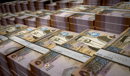 Jordan Dinar money pack 3d illustration. JOD banknote bundle stacks. Concept of finance, cash, economy crisis, business success, recession, bank, tax and debt.の写真素材