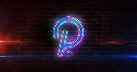 Polkadot neon sign concept, Polka dot cryptocurrency token, blockchain currency, fintech and business technology. Glowing text. Futuristic 3d rendering illustration.の写真素材