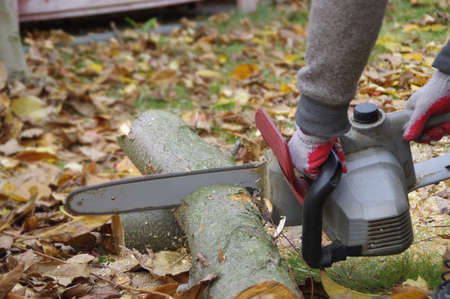 Cutting wood with a chainsaw. Preparation of firewood. Worker with a electric saw.