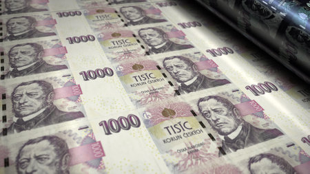 Czech koruna money printing 3d illustration. CZK banknote print. Concept of finance, cash, economy crisis, business success, recession, bank, tax and debt.の写真素材