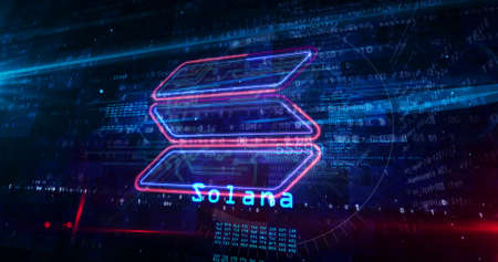 Solana neon sign concept, SOL cryptocurrency token, blockchain currency, fintech and business...