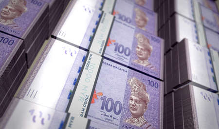 Malaysia Ringgit money printing 3d illustration. MYR banknote print. Concept of finance, cash, economy crisis, business success, recession, bank, tax and debt.の写真素材