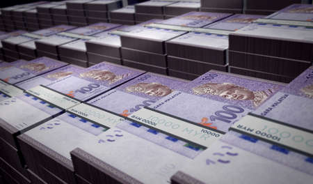 Malaysia Ringgit money pack 3d illustration. MYR banknote bundle stacks. Concept of finance, cash,...