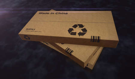 Made in China China box production line. PRC manufacturing and delivery. Product factory and export. Abstract concept 3d rendering illustration.の写真素材