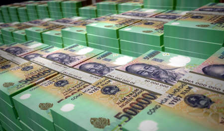 Vietnamese Dong money pack 3d illustration. VND banknote bundle stacks. Concept of finance, cash, economy crisis, business success, recession, bank, tax and debt in Vietnam.の写真素材