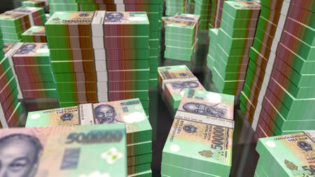Vietnamese Dong money pack 3d illustration. VND banknote bundle stacks. Concept of finance, cash, economy crisis, business success, recession, bank, tax and debt in Vietnam.の写真素材