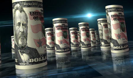Dollar fifty money roll 3d illustration. 50 USD banknote. Concept of finance, cash, economy crisis, business success, recession, bank, tax and debt in USA.の写真素材