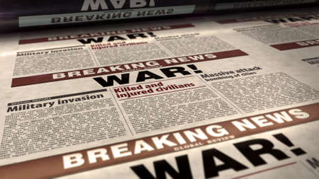 War news, humanitarian crisis and military invasion. Newspaper print. Vintage press abstract concept. Retro 3d rendering illustration.の写真素材