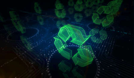 Recycling icon, waste data management and sustainable industry symbol digital concept. Network,...