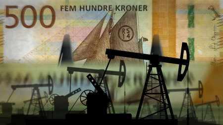 Norway money counting machine with oil pump. Petroleum rig and fuel business with banknotes count....