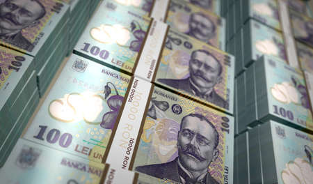 Romanian Lei money pack 3d illustration. RON banknote bundle stacks. Concept of finance, cash,...