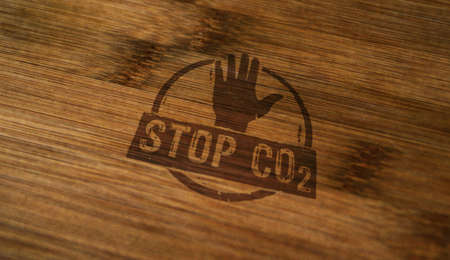 Stop CO2 and carbon neutral stamp printed on wooden box. Eco, environment, zero emission and climate...