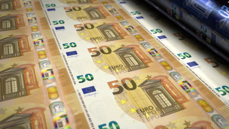 Euro money print 3d illustration. 50 EUR banknote printing. Concept of finance, cash, economy...