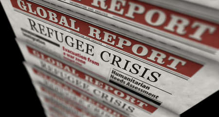 Refugee crisis newspaper print. Vintage press abstract concept. Retro 3d rendering illustration.の写真素材