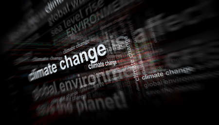 Headline news across international media with Climate Change global warming and environmental disaster. Abstract concept of news titles on noise displays. TV glitch effect 3d illustration.の写真素材