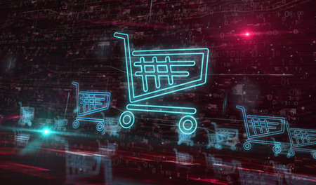 Shopping cart icon online commerce and e-commerce business symbol digital concept. Network, cyber technology and computer background abstract 3d illustration.の写真素材