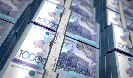 Kazakh Tenge money pack 3d illustration. KZT banknote bundle stacks. Concept of finance, cash,...