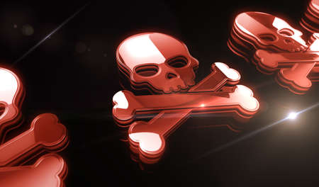 Skull pirate, online cyberattack, hack, threat and breach security golden metal shine symbol concept. Spectacular glowing and reflection light icon abstract object 3d illustration.の写真素材