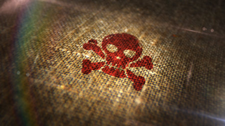 Skull stamp printed on linen sack. Danger, warning, piracy and toxic symbol concept.の写真素材