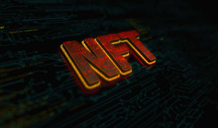 NFT Non-Fungible Token and digital collectibles symbol digital concept. Network, cyber technology and computer background abstract 3d illustration.の写真素材