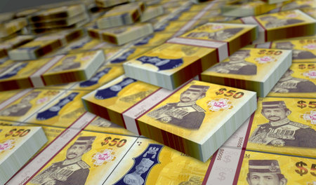 Brunei dollar money pack 3d illustration. BND banknote bundle stacks. Concept of finance, cash,...