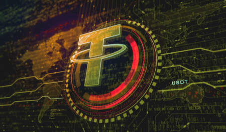 Tether stablecoin blockchain crypto currency and USDT digital money symbol digital concept. Network,...