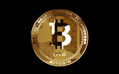 Bitcoin BTC cryptocurrency isolated gold coin on green screen background. Abstract concept...