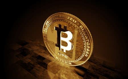 Bitcoin BTC cryptocurrency gold coin on green screen background. Abstract concept 3d illustration.