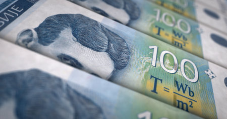 Serbian dinar money printing 3d illustration. RSD banknote print. Concept of finance, cash, economy crisis, business success, recession, bank, tax and debt in Serbia.の写真素材