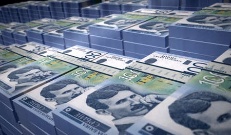 Serbian dinar money pack 3d illustration. RSD banknote bundle stacks. Concept of finance, cash, economy crisis, business success, recession, bank, tax and debt in Serbia.の写真素材