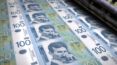 Serbian dinar money printing 3d illustration. RSD banknote print. Concept of finance, cash, economy...