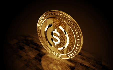 USDC USD Coin stablecoin cryptocurrency gold coin on green screen background. Abstract concept 3d illustration.の写真素材