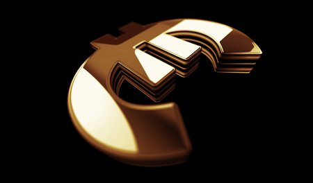 Euro stablecoin currency business and digital money golden metal shine symbol concept. Spectacular glowing and reflection light icon abstract object 3d illustration.の写真素材