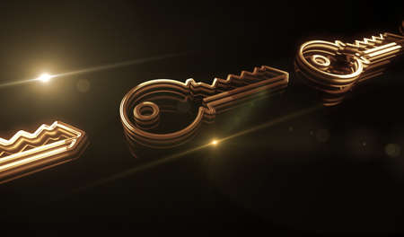 Cyber security and password safety with Key golden metal shine symbol concept. Spectacular glowing and reflection light icon abstract object 3d illustration.の写真素材
