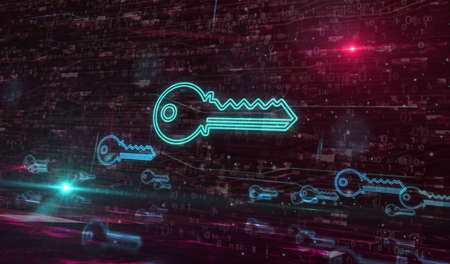 Cyber security and password safety with Key symbol digital concept. Network, cyber technology and computer background abstract 3d illustration.の写真素材